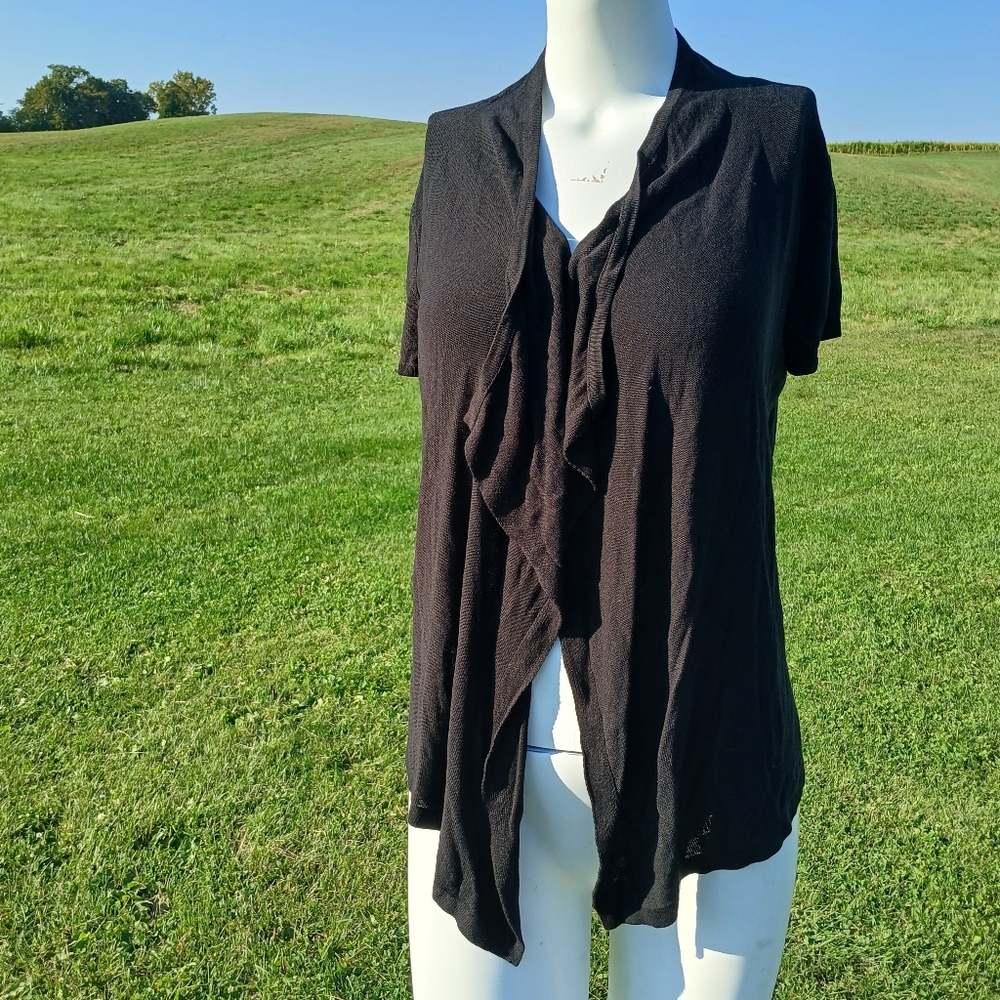Adrianna Papell Black Short Sleeve Cardigan Shirt Top Wrap womens size S Small